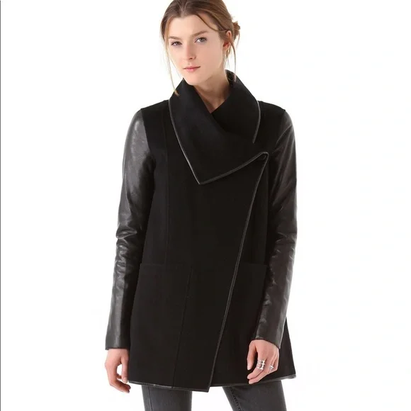 Mackage Jackets Coats Mackage Womens Black Wool Coat With Leather Sleeves Xxs Poshmark